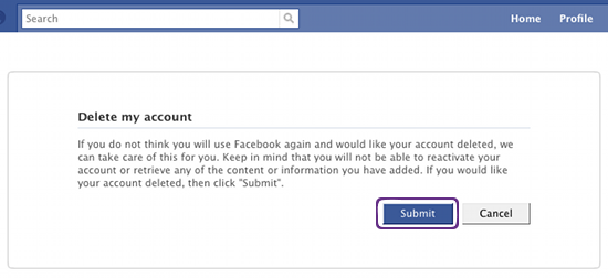 Delete facebook profile permanently step 1